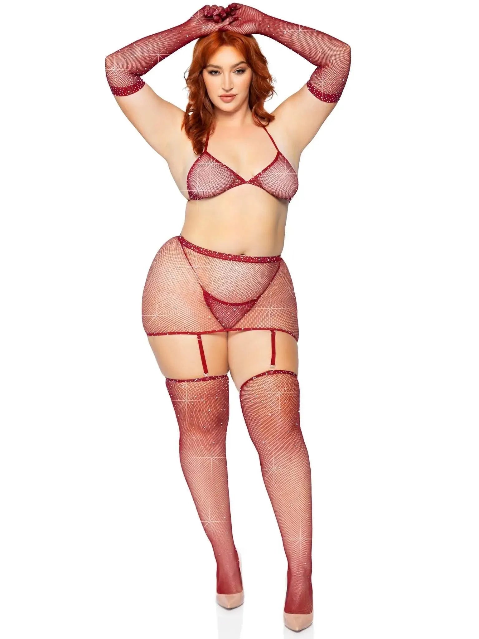 Rhinestone Fishnet 5-Piece Lingerie Set - Multiple Colors Available! - EdenSeduce